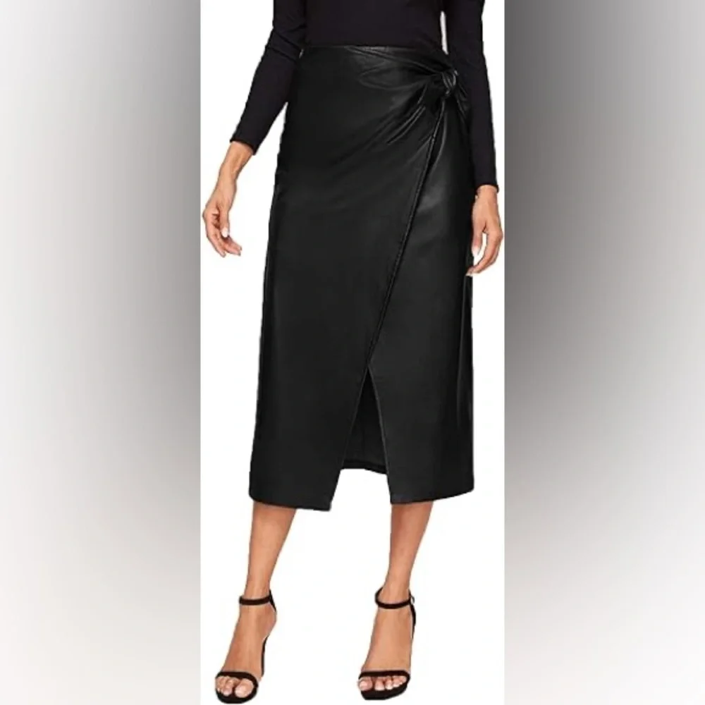 SweatyRocks Elegant High Waist Knot Side Wrap PU Leather Midi Skirt Black